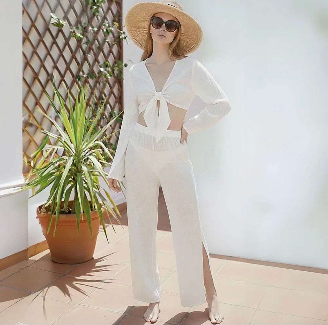 Boho Beach Pant Set, Color: Beige