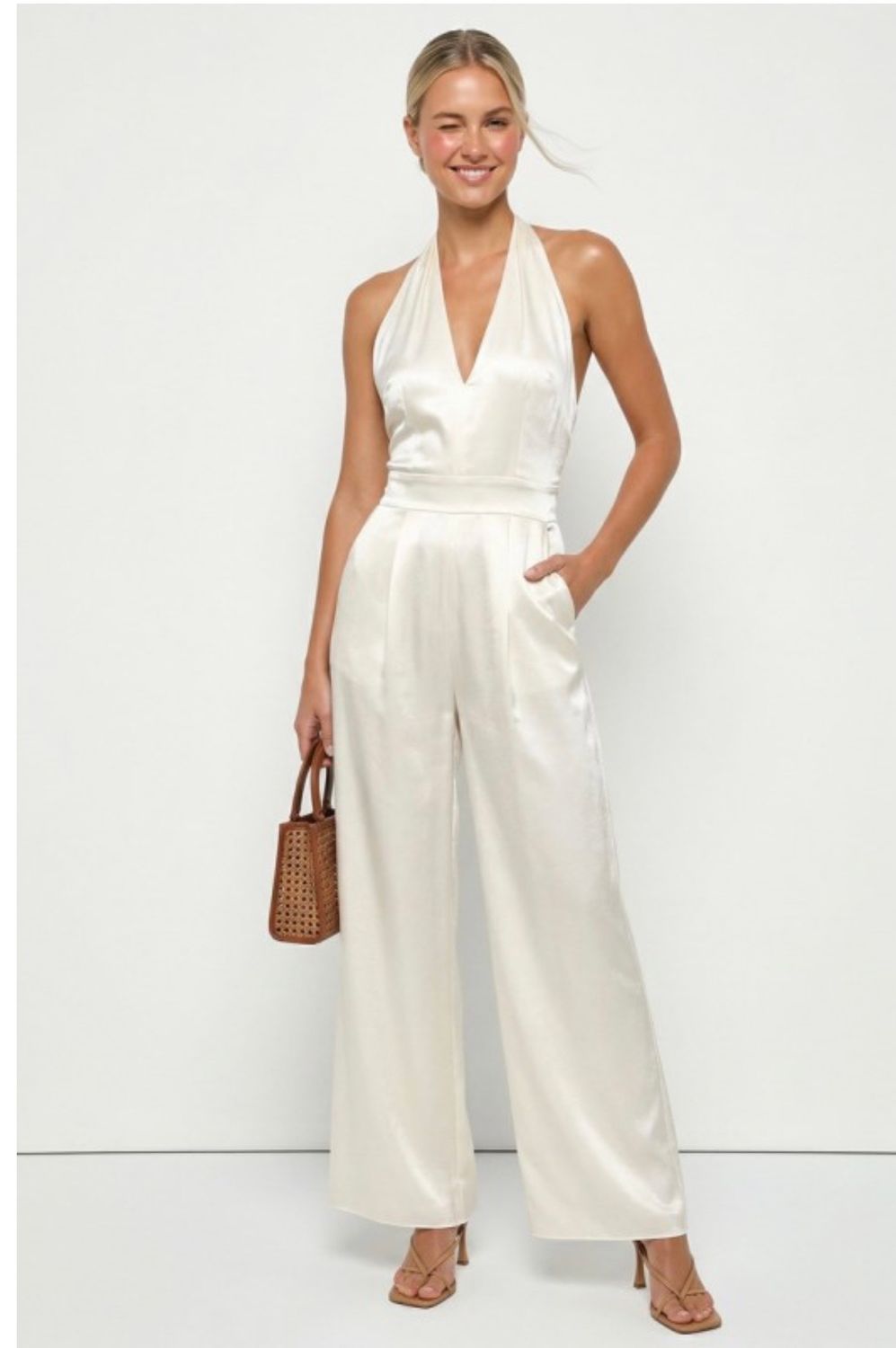 Naked Zebra Satin Halter Jumpsuit, Color: Off White, Size: S