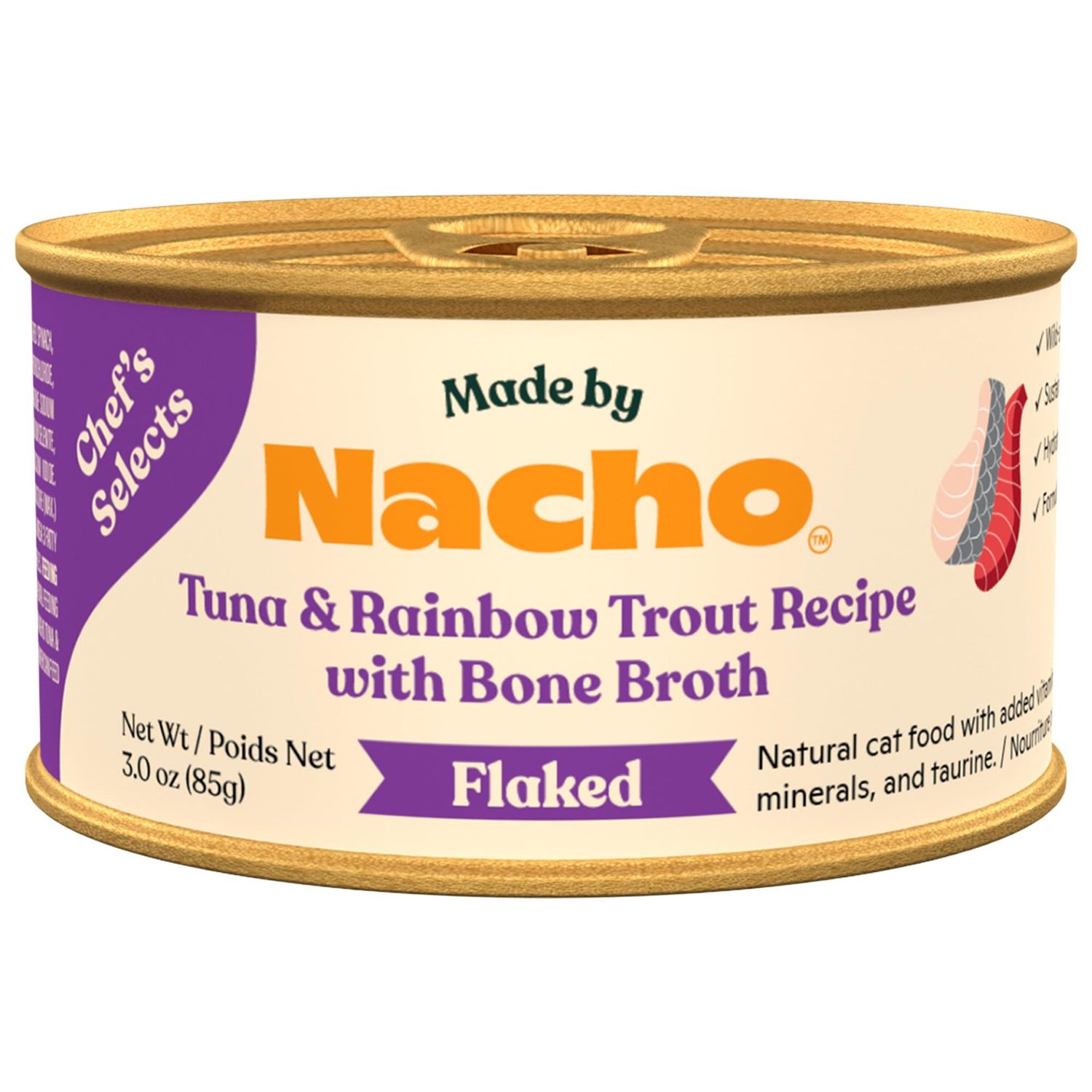 Made by Nacho Flaked Tuna and Rainbow Trout Recipe in Bone Broth Cat 3OZ