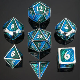 Behemoth 7 piece polyhedral dice set silver with green and blue