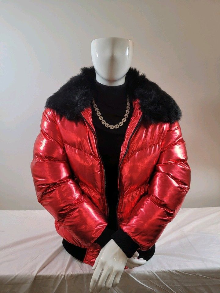 Jordan Criag Oil Spill Puffer Jacket (Metallic Red) with Fur