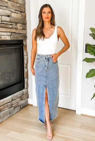 Open Slit Midi Skirt, Color: Denim, Size: Xsmall