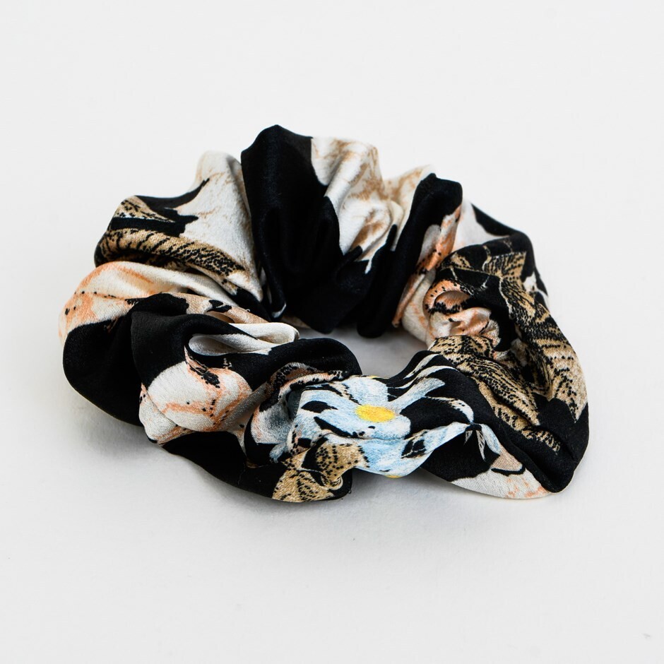 Black Flower Printed Scrunchie