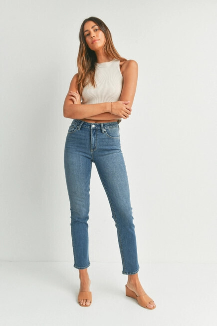 Mid rise Slim Straight Leg, Color: Med Denim, Size: 4
