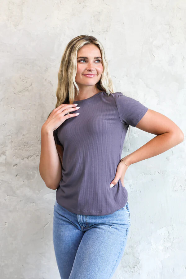 SS Ribbed Tee, Color: Stormy Gray, Size: Small