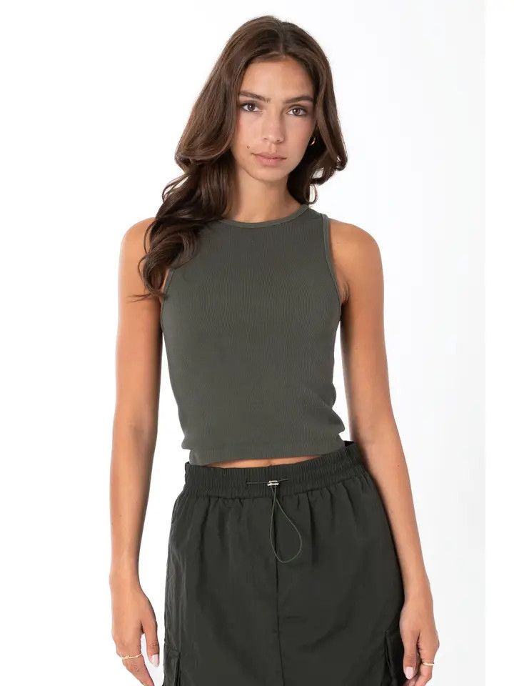 CEBT1022 Bamboo Rib Top O, Color: Olive, Size: O/S