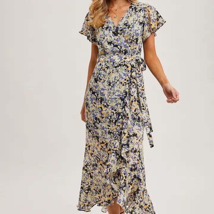 Print Wrap Dress, Color: Blue, Size: Small