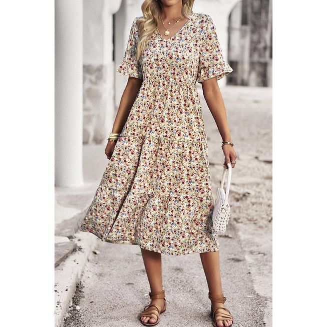 Floral Midi Dress, Color: Beige, Size: Small