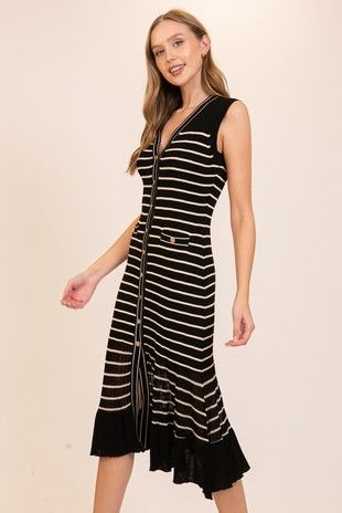 Stripe Knit Dress, Color: Blk/Bge, Size: Small