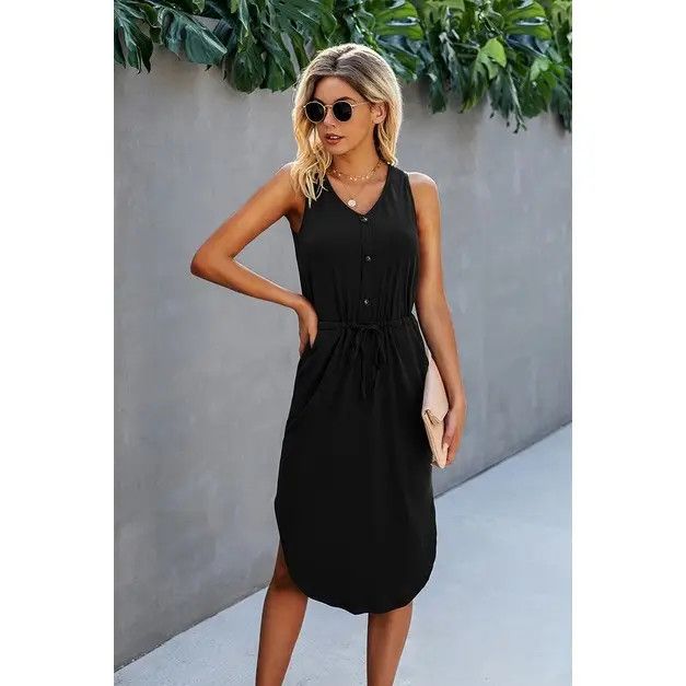 Vneck Drawstring Dress, Color: Navy, Size: Small