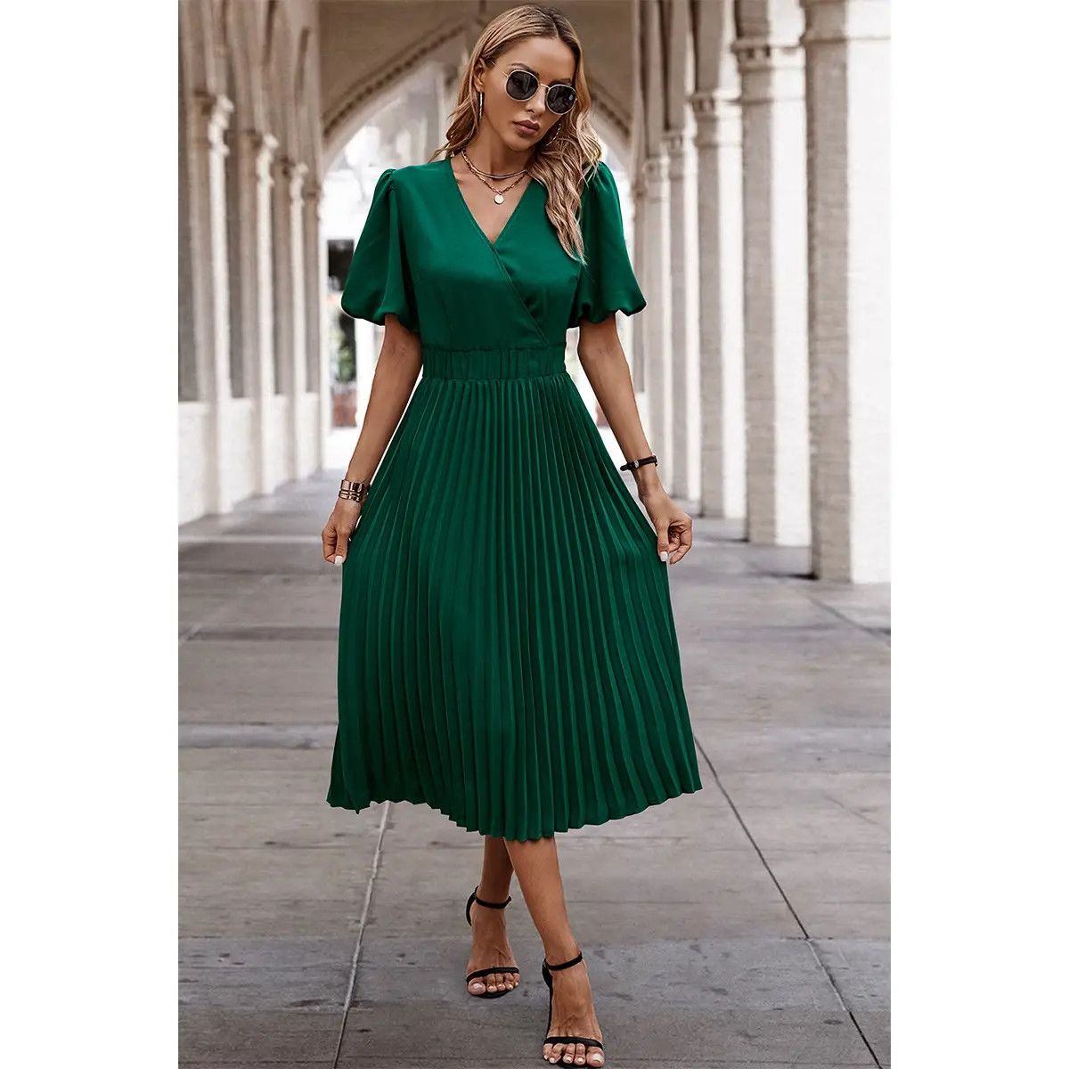 Pleated Vneck Dress, Color: Green, Size: Small