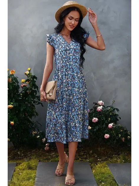 Vneck Slvless Flower Dress, Color: Blue, Size: Small