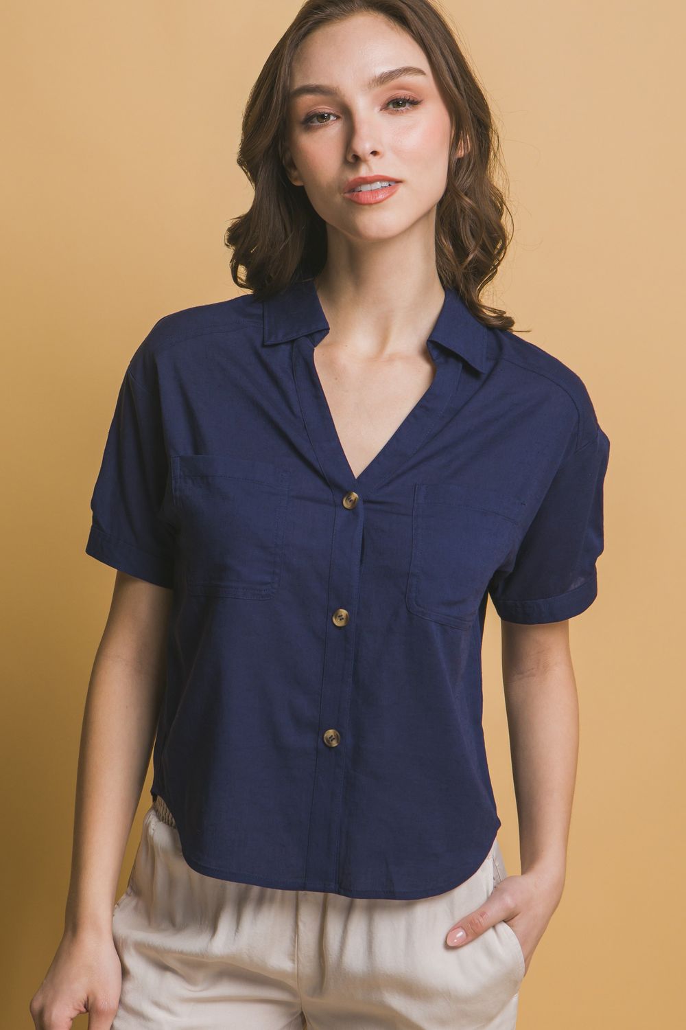 Cropped Button Down Top, Size: Small, Color: Navy