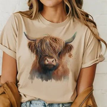 Highland Cow Shirt, Color: Beige, Size: Small