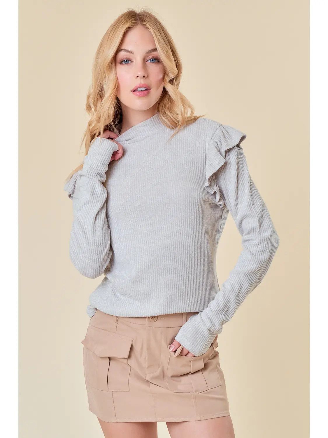 Rib Mock Neck LS Top, Size: Small, Color: Beige