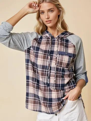 Hood Plaid Top, Size: Small, Color: Brown/Grey
