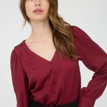 Satin V Neck L S Top, Size: Small, Color: Burgundy