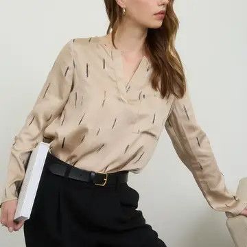 Brush Print Satin Top, Size: Small, Color: Khaki