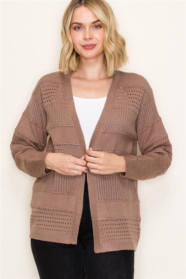 LS Pointelle Rib Cardigan, Color: Cappuccino, Size: Small