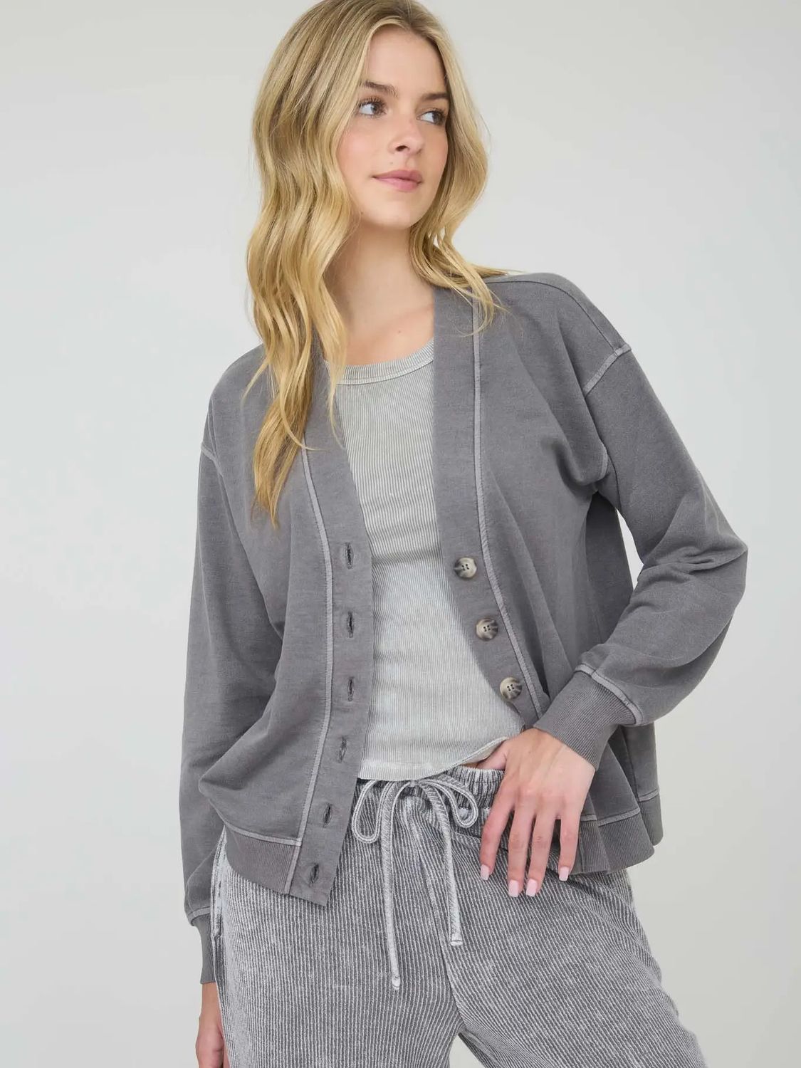 Washed Button Down Cardi, Color: Charcoal, Size: Small
