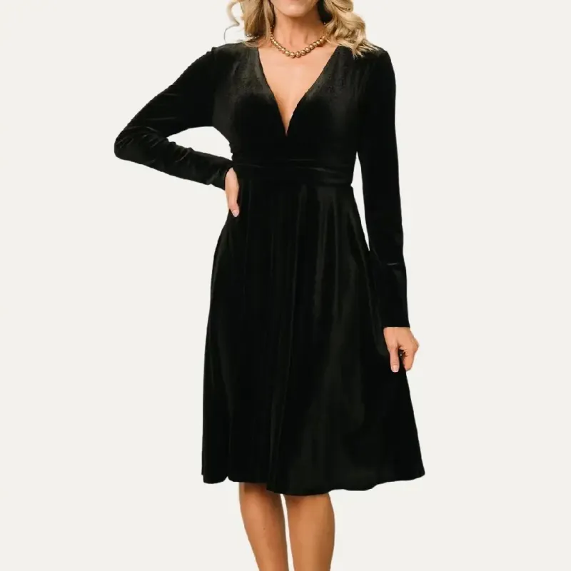 V Neck LS Midi Dress