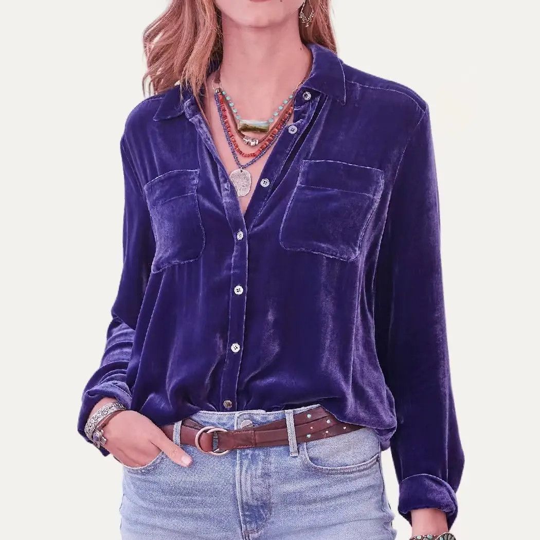 Velvet Collar Button Down LS, Color: Purple, Size: Small