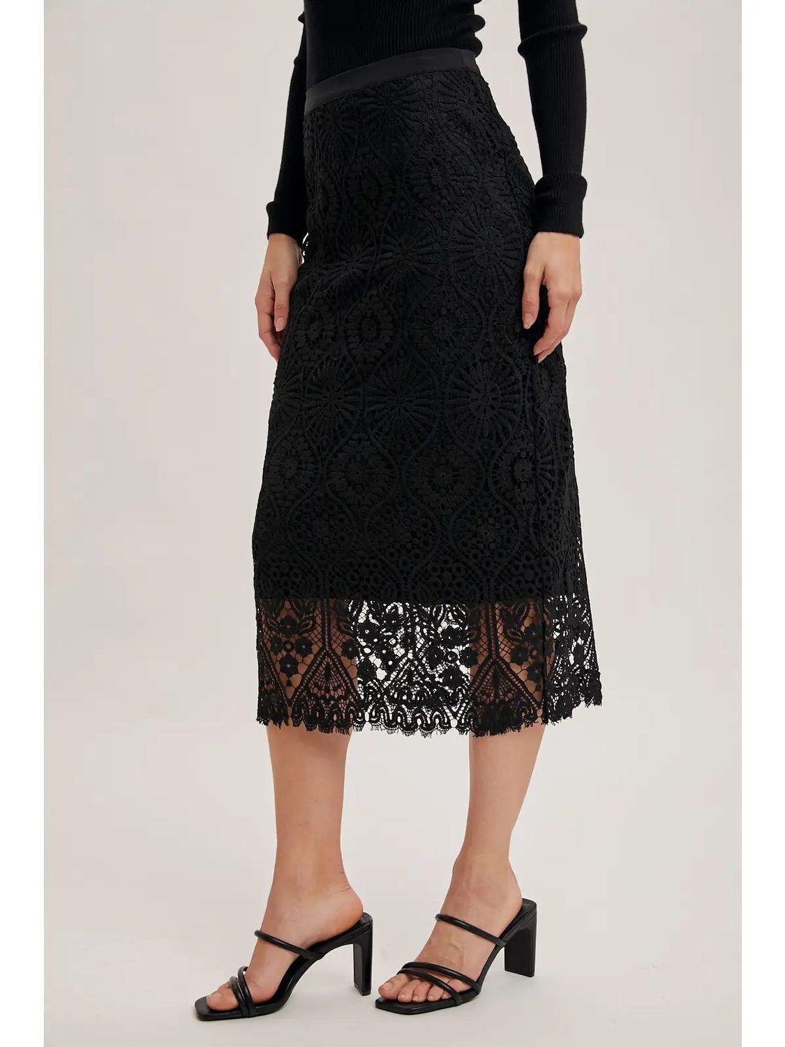Lace Midi Skirt, Color: Black, Size: Small