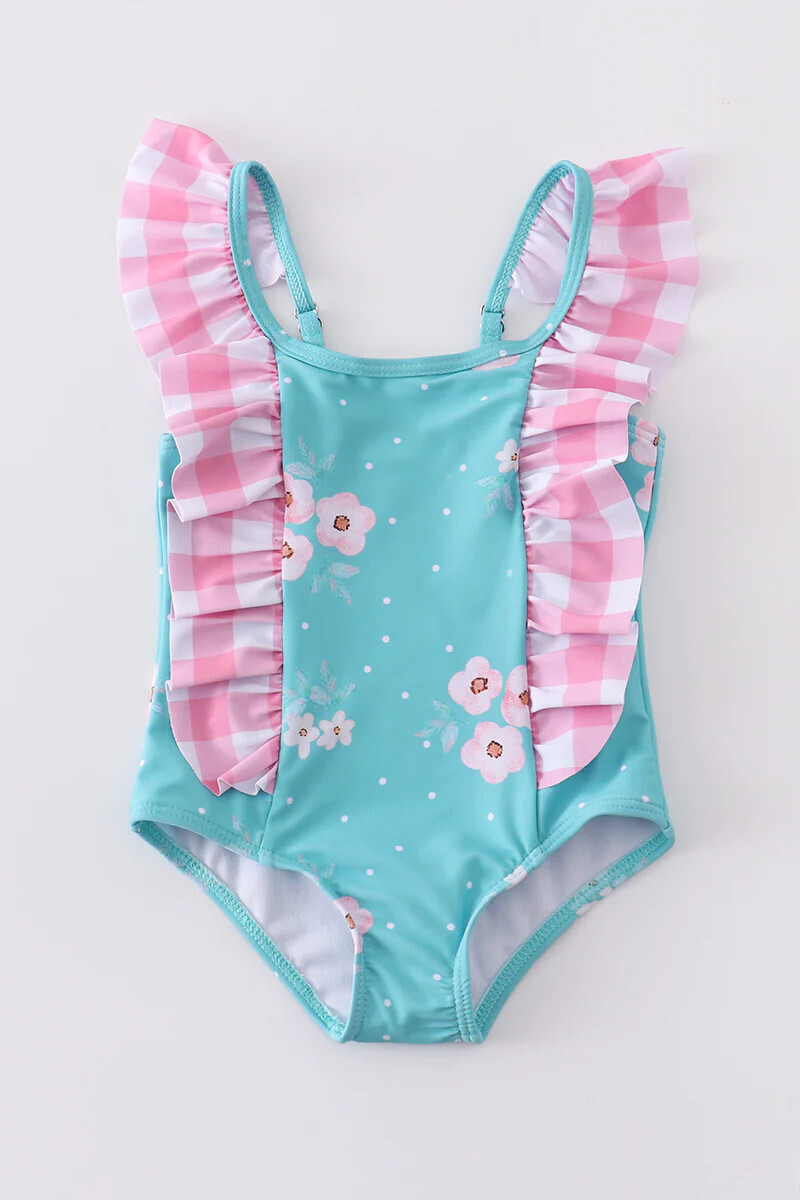 Floral Ruffle 1 pc Swimsuit, Color: Blue, Size: 6