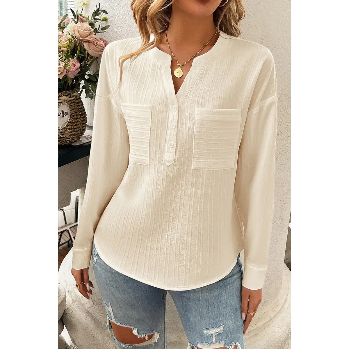Button Vneck Blouse, Color: Beige, Size: Small