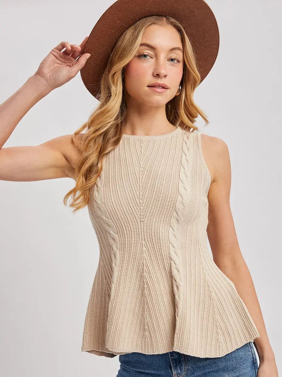 Knit Peplum Slvless Top, Color: Sand, Size: Small