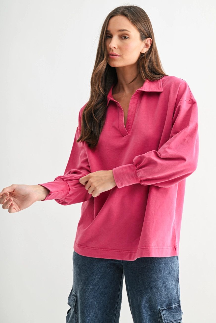 Sunfade LS Collar Top, Color: Plum Pink, Size: Small