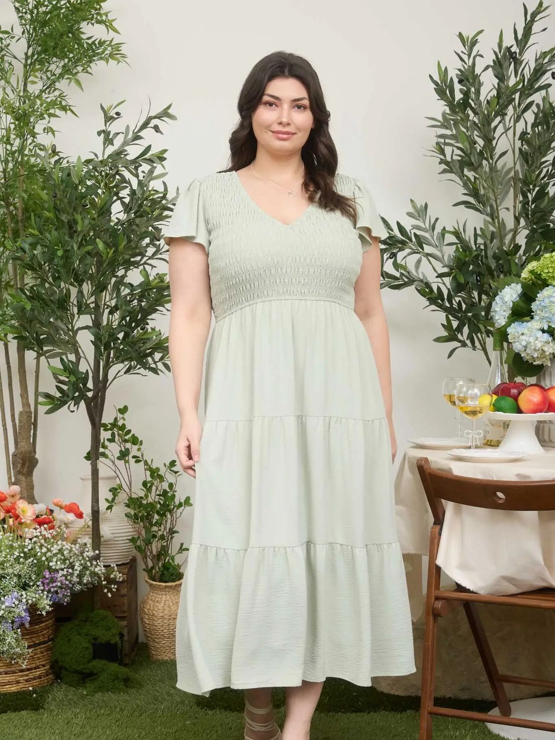 Flutter Sleeve Midi Dress, Color: Olive, Size: 1X