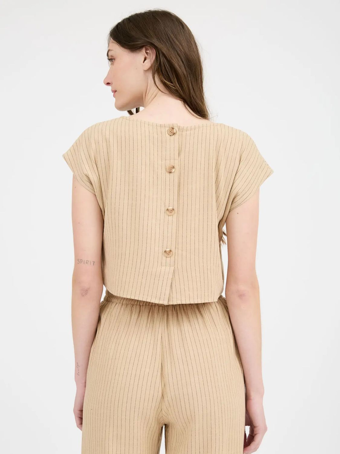 Pinstripe SS Linen Top, Color: Camel, Size: Small