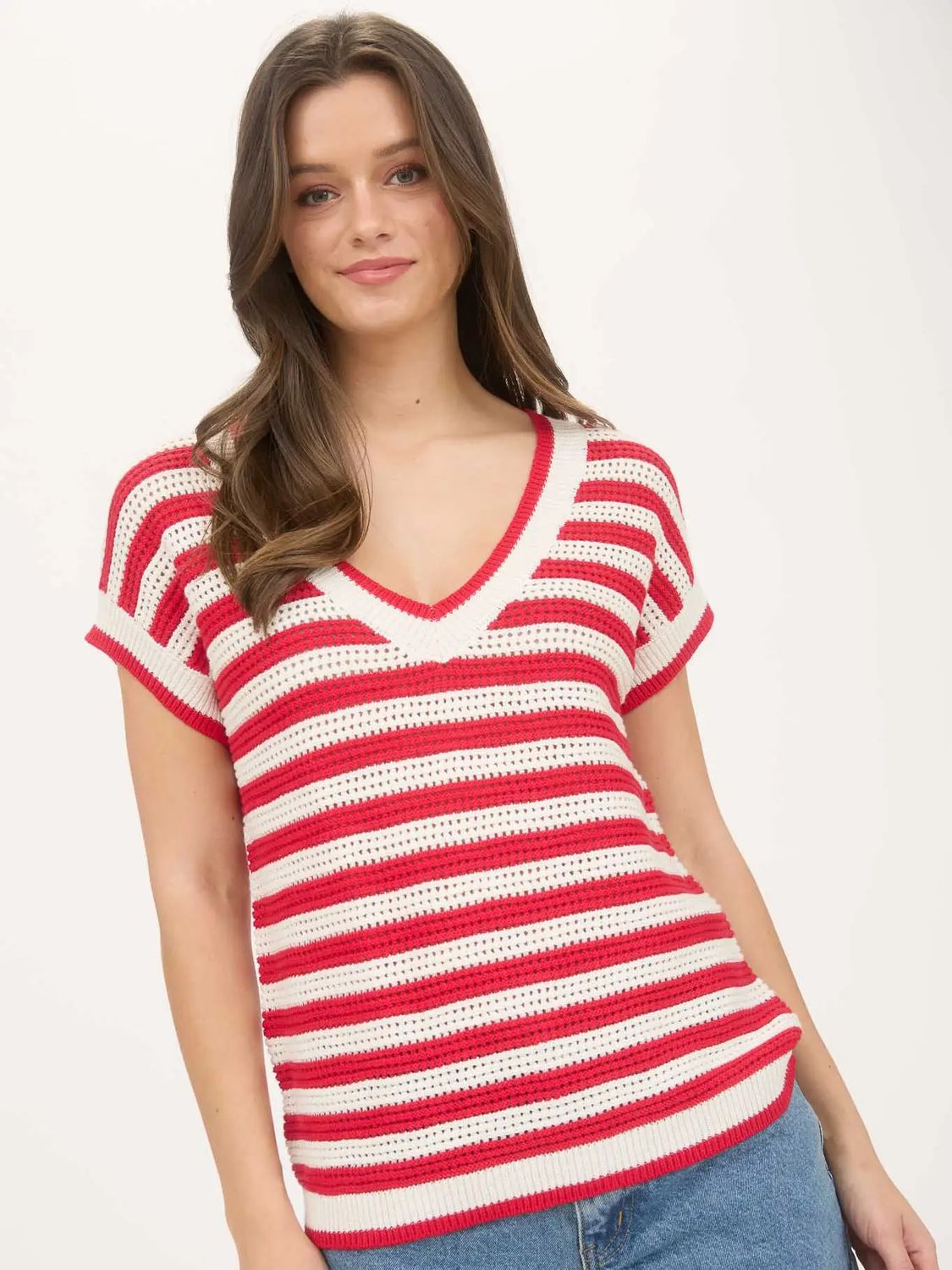 Stripe Crochet SS Sweater, Color: Red, Size: Small