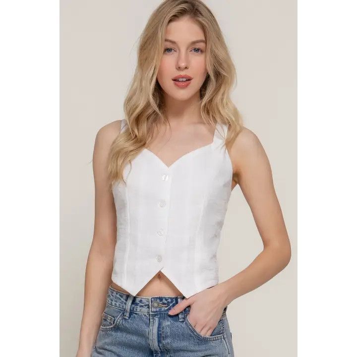 Vneck Button Linen Top, Color: Off White, Size: Small