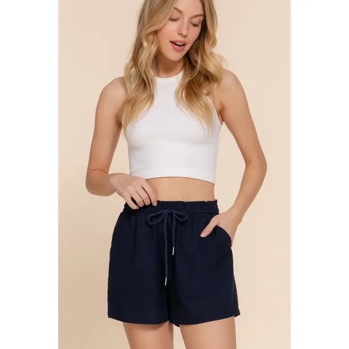 Smocked Linen Shorts, Color: Navy, Size: Small