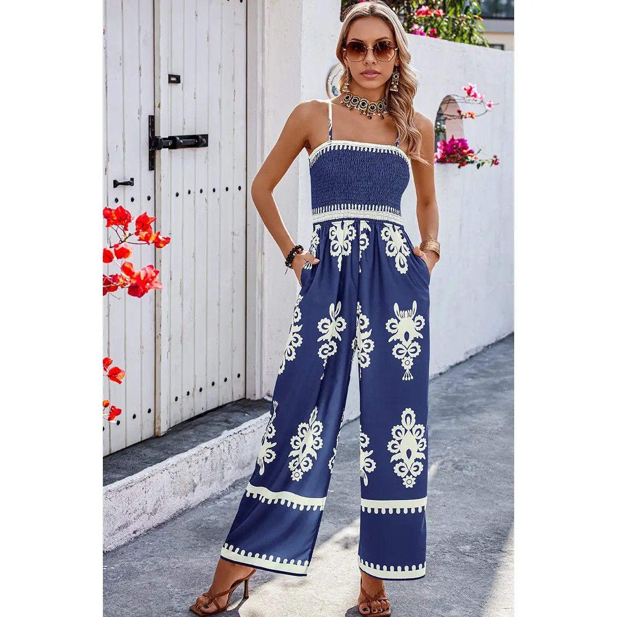 Geo Print Jumpsuit, Color: Navy, Size: Small