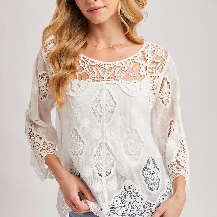 Crochet 3/4 Sleeve Top, Color: Ivory, Size: Small