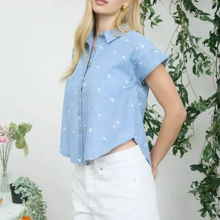 Floral Button Down Denim Shirt