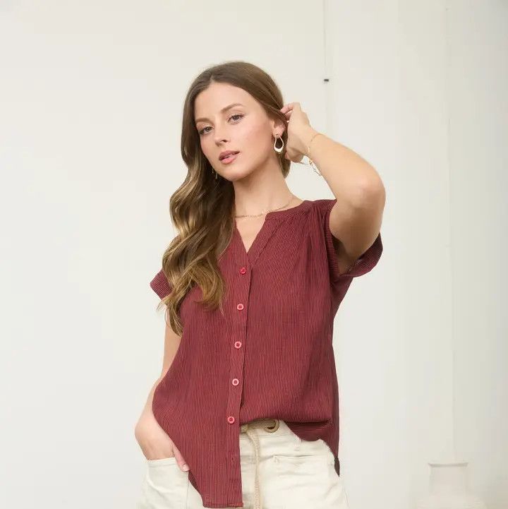 Pinstripe SS Button Down Shirt, Color: Burgundy, Size: Small