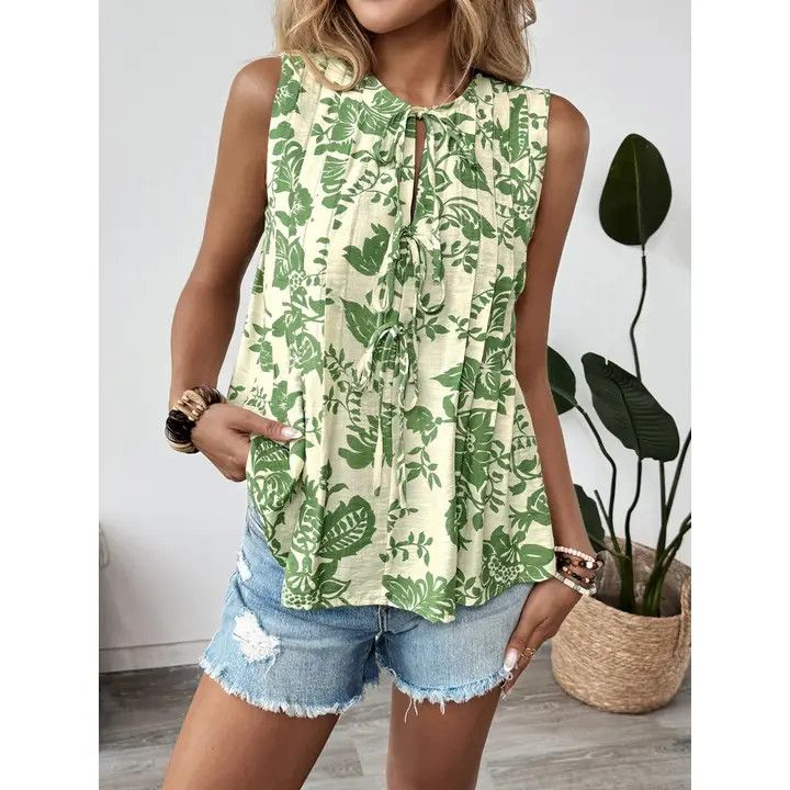 Pleated Sleeveless Shirt, Color: Green, Size: Small
