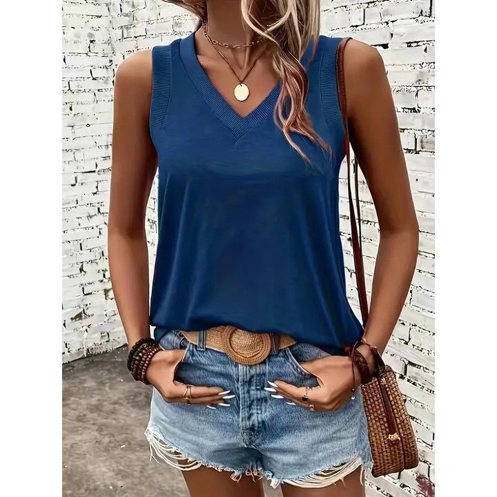 Loose SL V-neck Top, Color: Blue, Size: Small