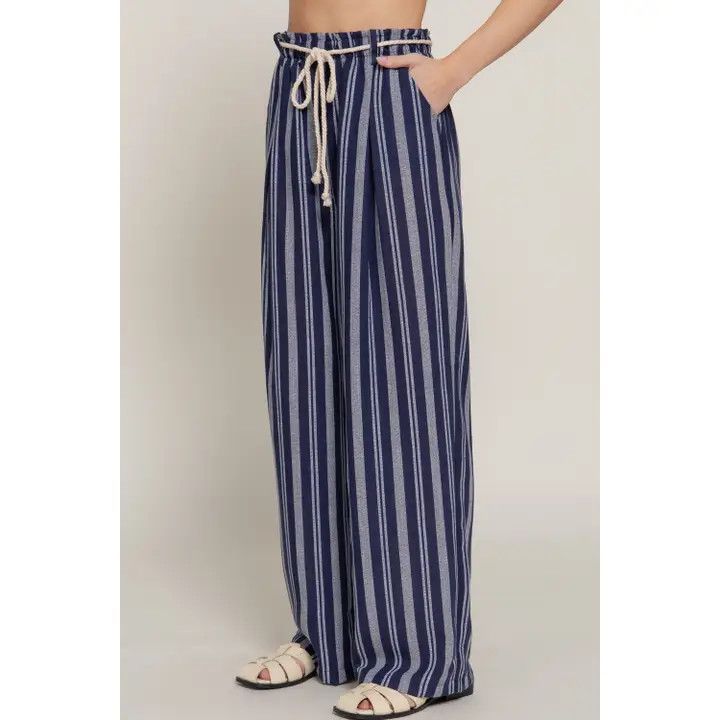 Stripe Linen Effect Pants, Color: Navy, Size: Small