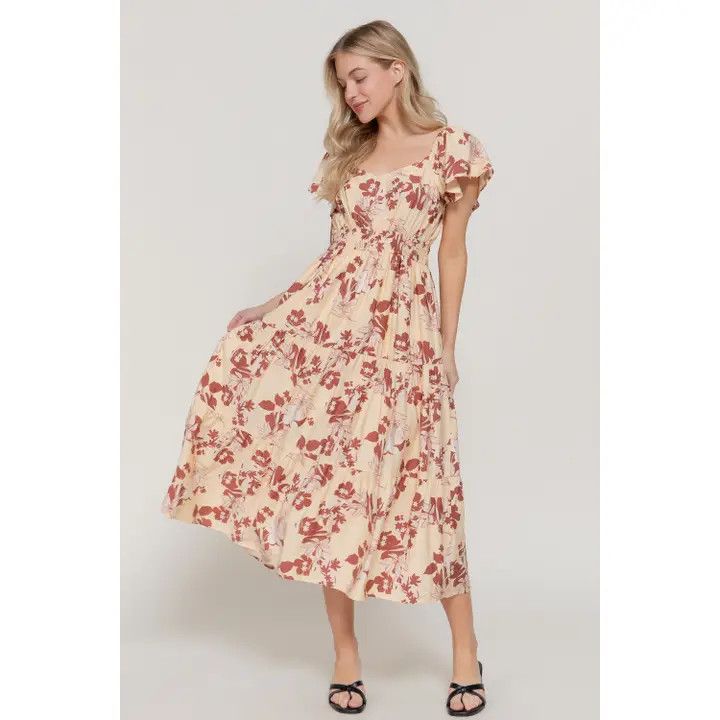 V-Neck Print Maxi Dress, Color: YLW/BR, Size: Small