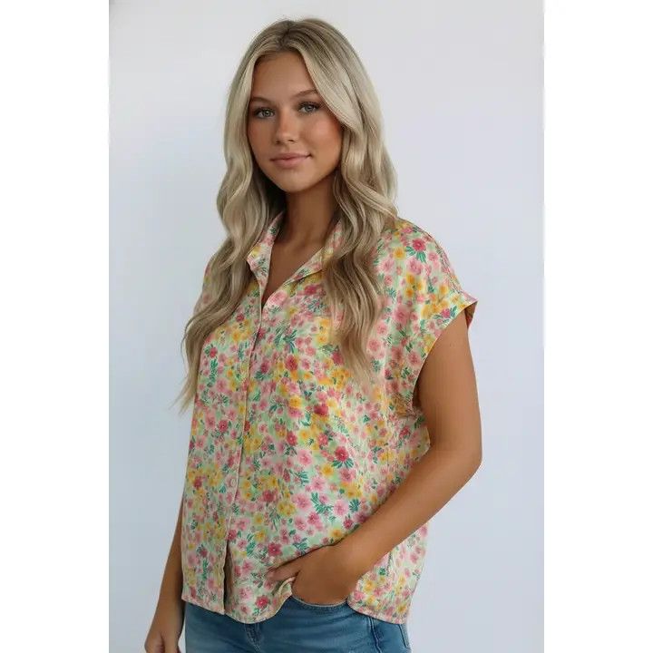 Collar Button Floral Shirt, Color: Pink/Mint, Size: Small