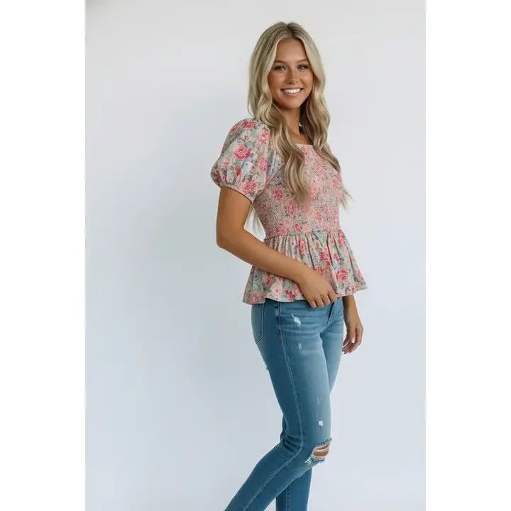 Smock Floral Peplum, Color: Pink/Mint, Size: Small