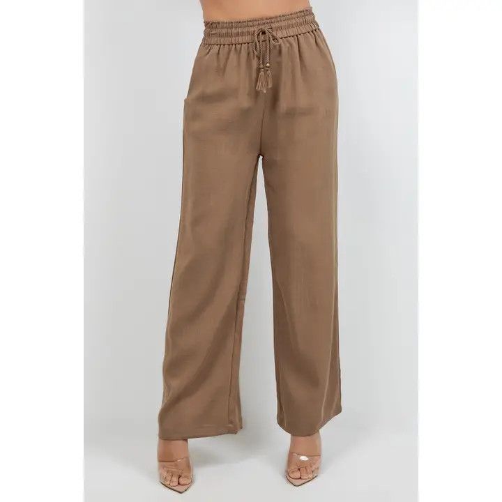Linen Blend Elastic Waist, Color: Latte, Size: Small