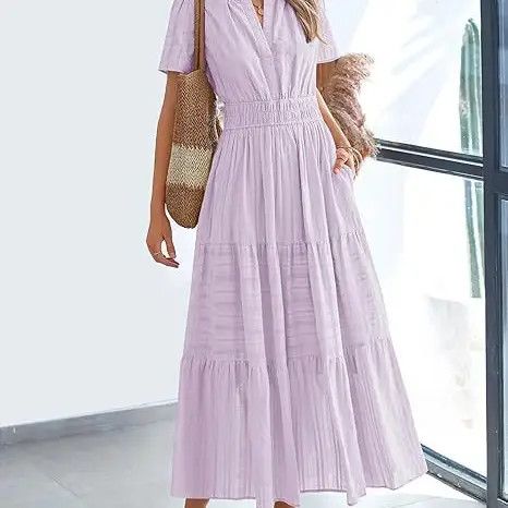 V Neck Smock Puff Midi, Color: Purple, Size: Xlarge