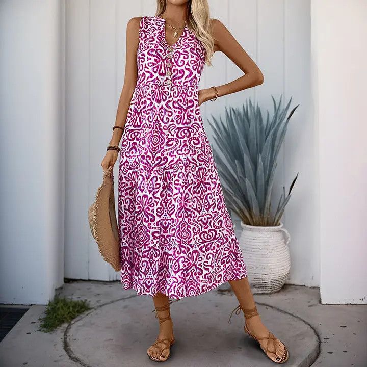 Casual French Dress, Color: Rose Red, Size: Small