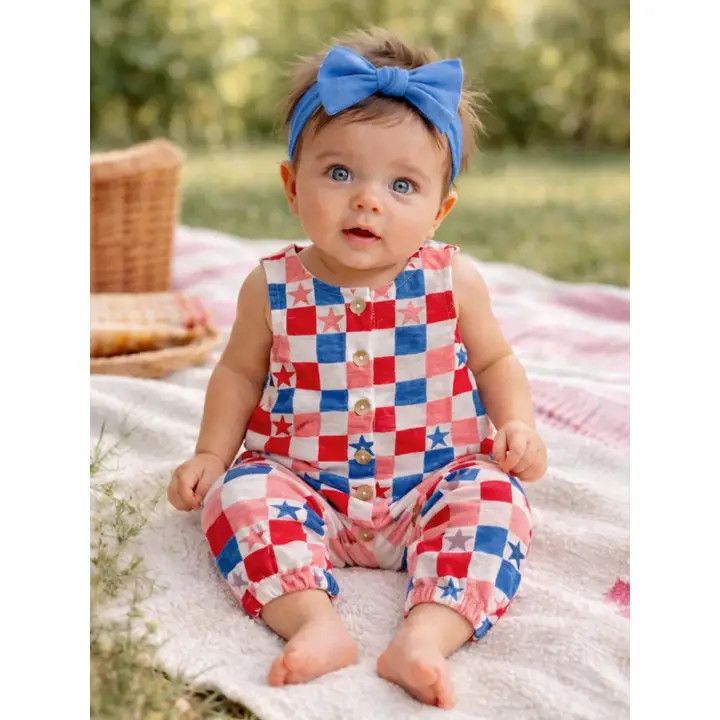 Check Jumpsuit, Color: R/W/B/P, Size: 3-6M